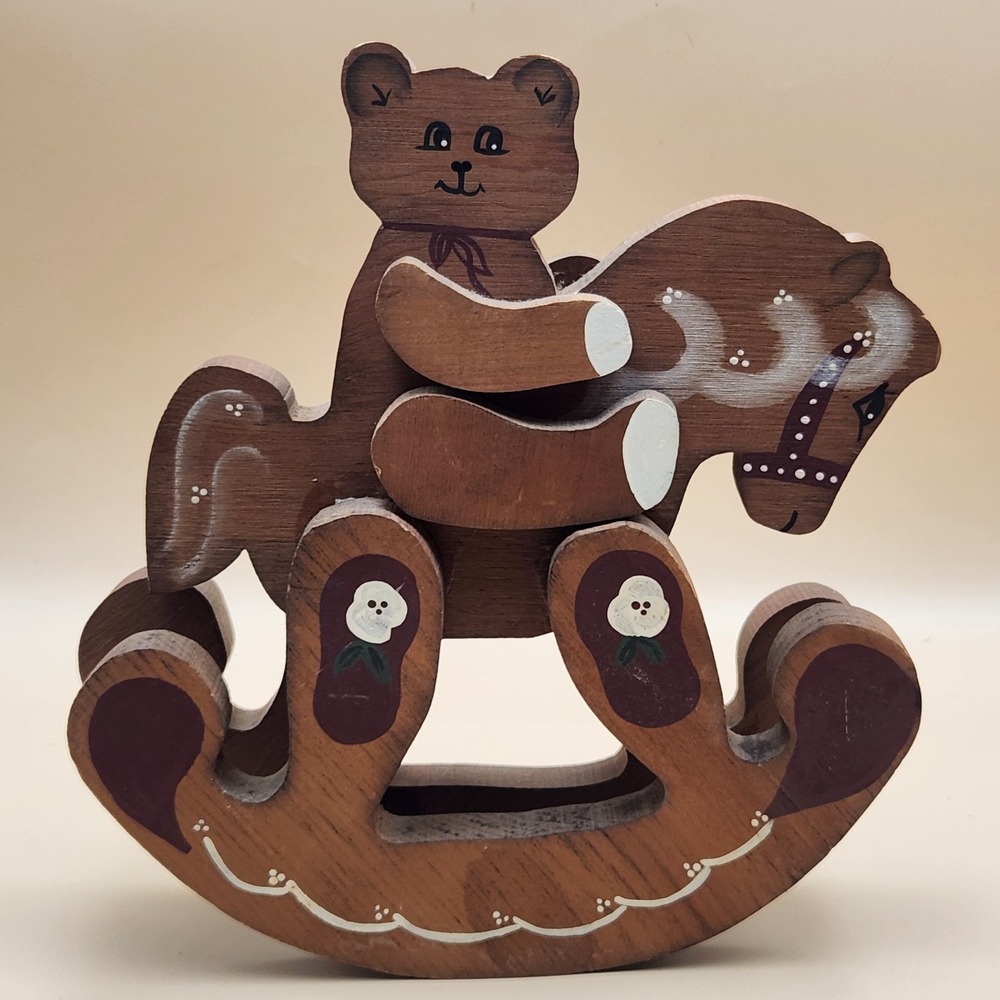 Vintage Country Wooden Bear Rocking Horse Tabletop Decor Cottagecore Granny